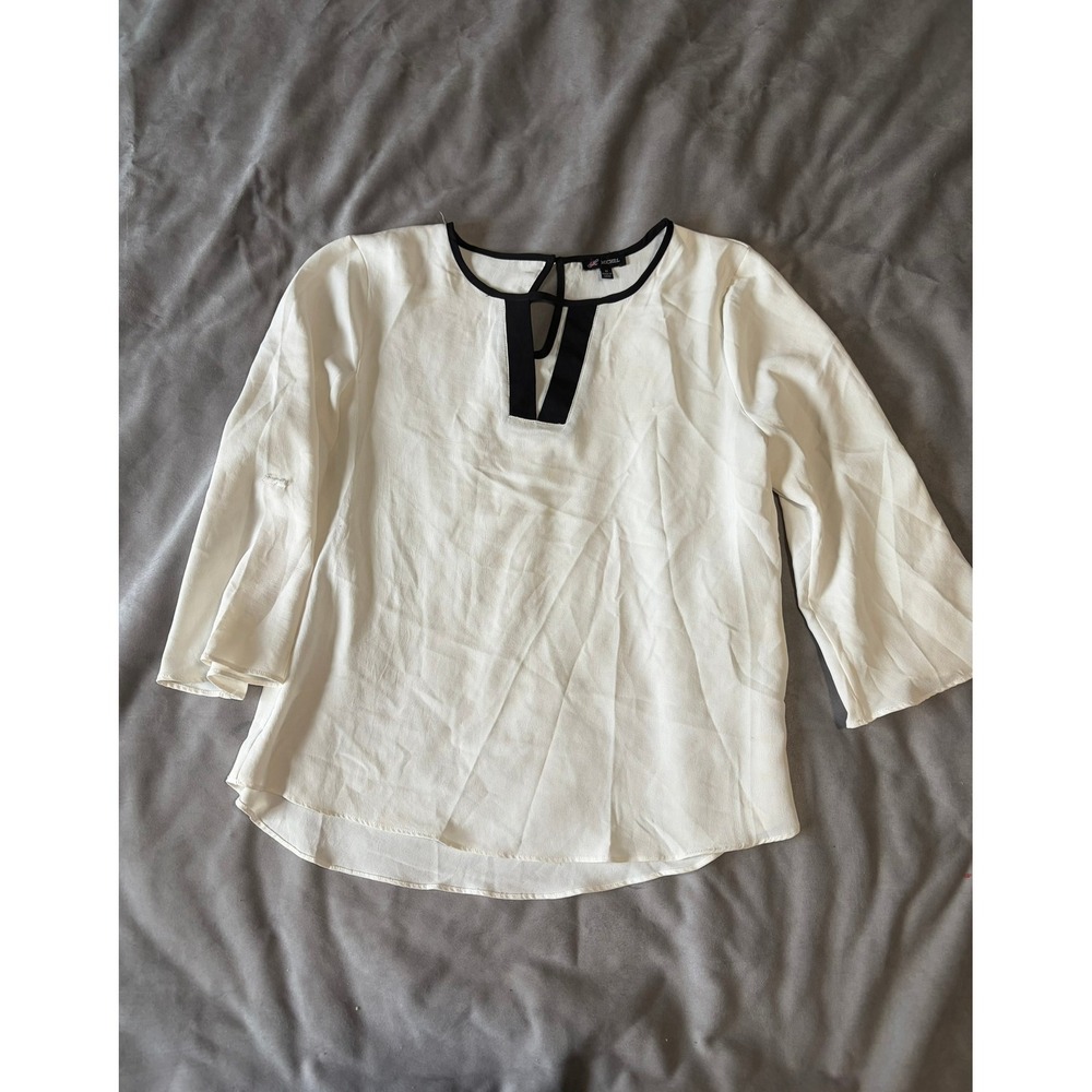 Michel Womens White 3/4 Bell Sleeve Blouse Black Contrast Trim Keyhole Neck M
